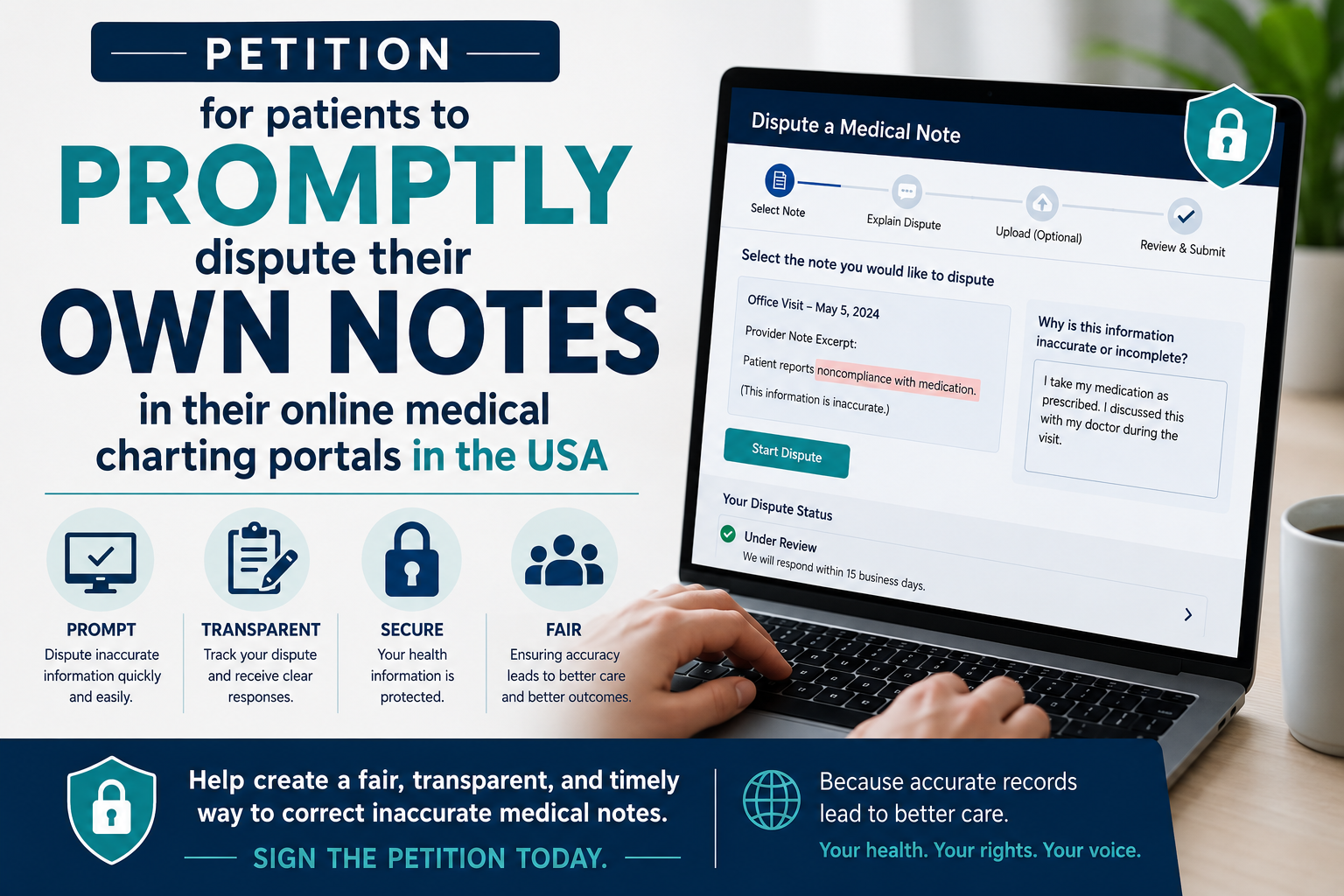 Project Medical Reform Association (PMRA) — Petition for patients to promptly dispute their own notes in their online medical charting portals in the USA